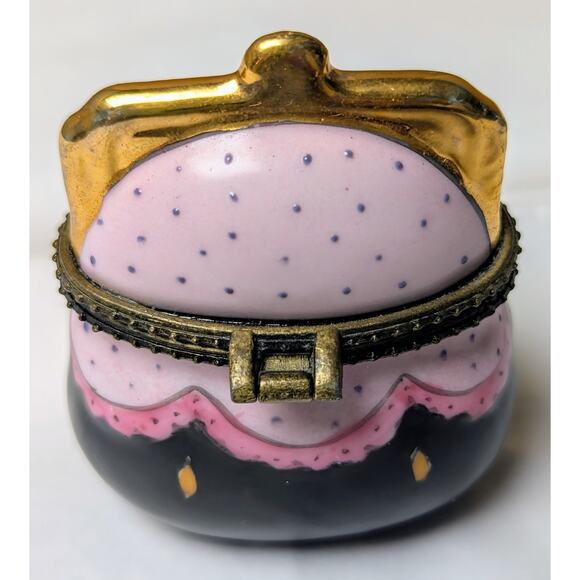 Vtg Floral Purse Trinket Box 2.5" Jewelry Porcelain Hinged Case Pink Black Gold - Picture 3 of 7